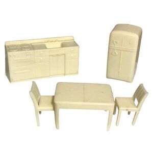 Vtg Marx Kitchen Dollhouse Furniture Set Cream Fridge Table Chairs Counter Sink